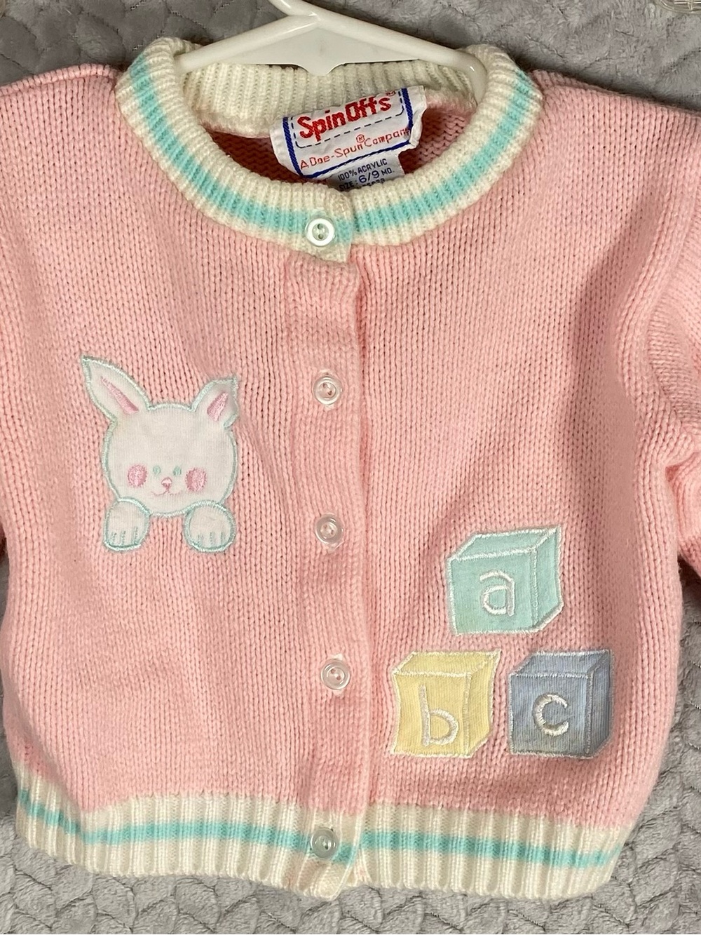 VTG 80s Spin Offs Baby Girl Pink Knit Cardigan Sweater 6 9M Bunny ABC Blocks